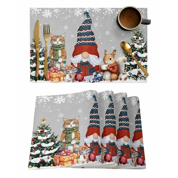 Christmas Gnome Placemats Set of 4 Squirrel Cat Xmas Tree Snowflake Grey Heat Insulation Washable Place Mats, Rustic Non-Slip Table Mats for Dining Table Party Kitchen Decor,13x19 Inch