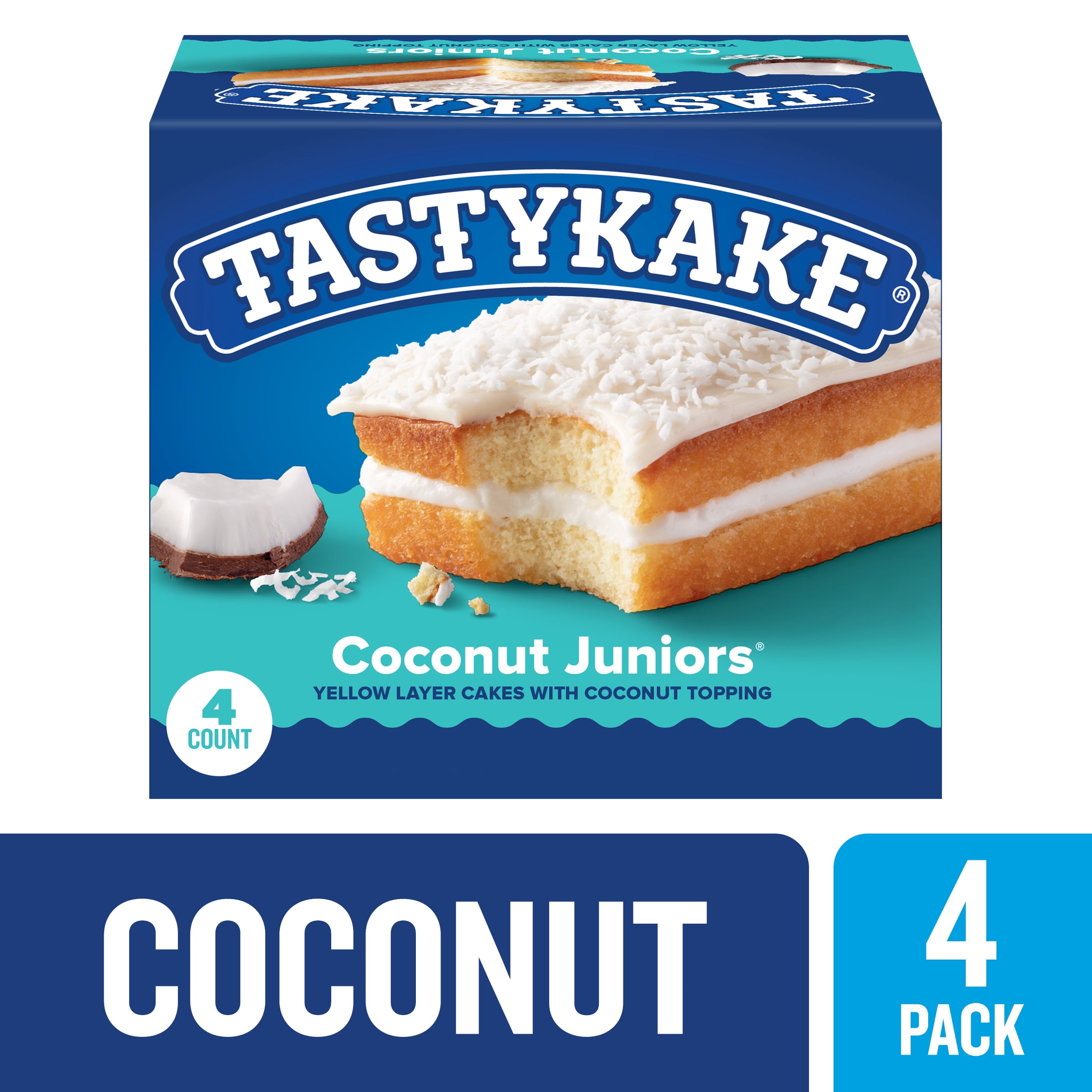 Tastykake Coconut Juniors, 4 Count, 4 Individually Wrapped Coconut Topped Snack Cakes, Shelf-Stable
