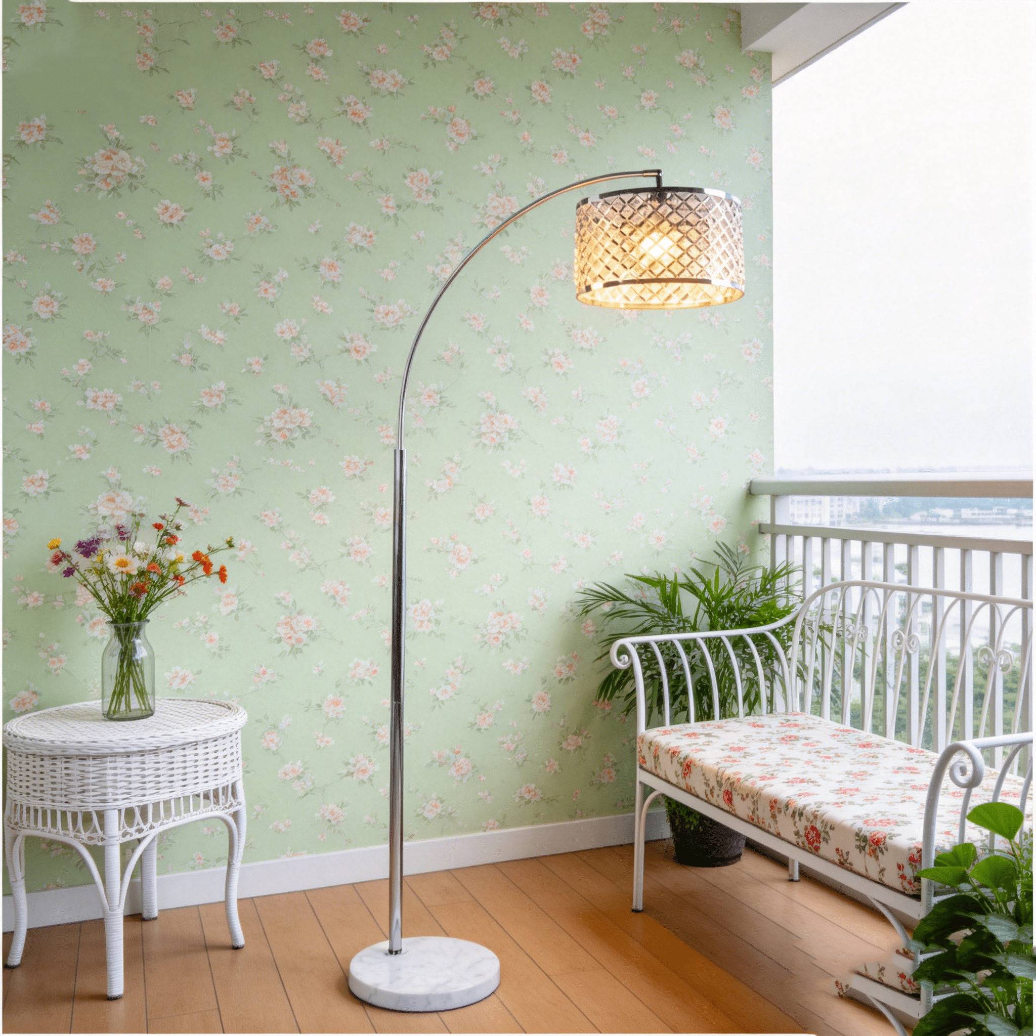 JERFIT Modern Arc Floor Lamp with Crystal Shade, Silver Finish, Marble Base for Living Room, Bedroom Ambient Lighting