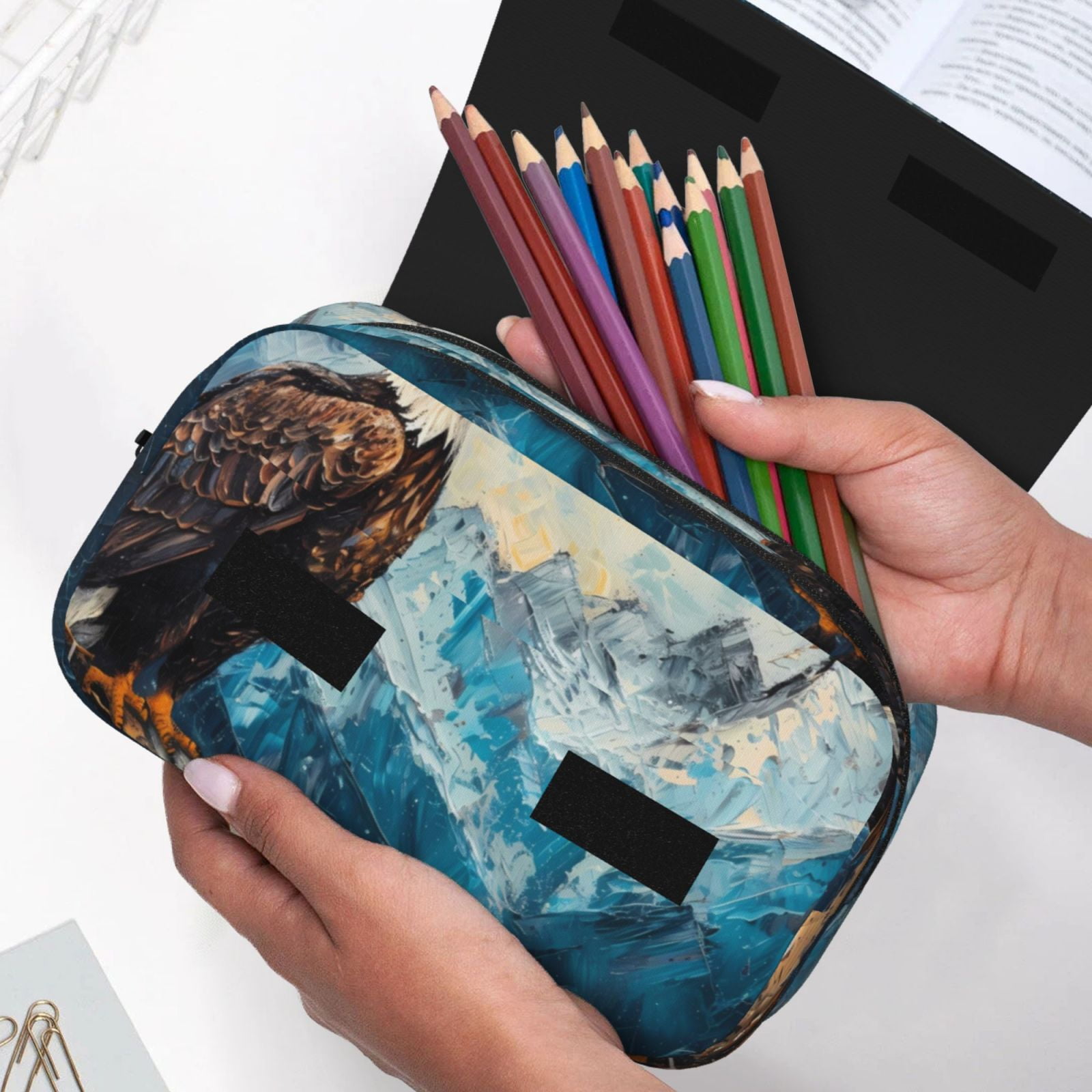 Rateoe Iceberg Bald Eagle Pattern Double Clamshell Pen Case, Storage Organizer with Two Zipper Compartments– Holds Up to 50 Pencils & Pens