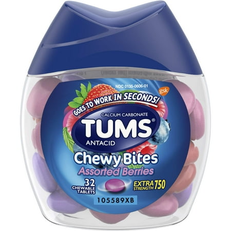 TUMS Chewy Bites Assorted Berries Antacid, Hard Shell Chews for Heartburn Relief, 32 Antacid