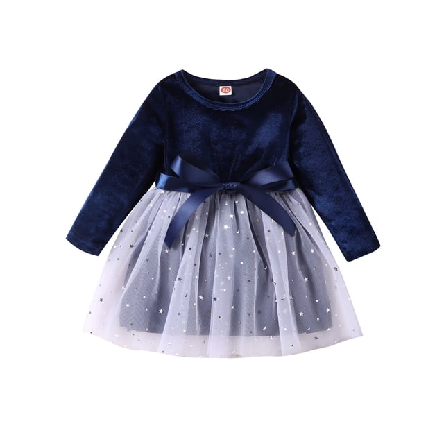 xiaxaixu Robe pour Filles Enfants Velours Paillettes Étoiles Superposées Maille Tulle Nœud Col Ras du Cou Manches Longues Robe Automne Robe Princesse