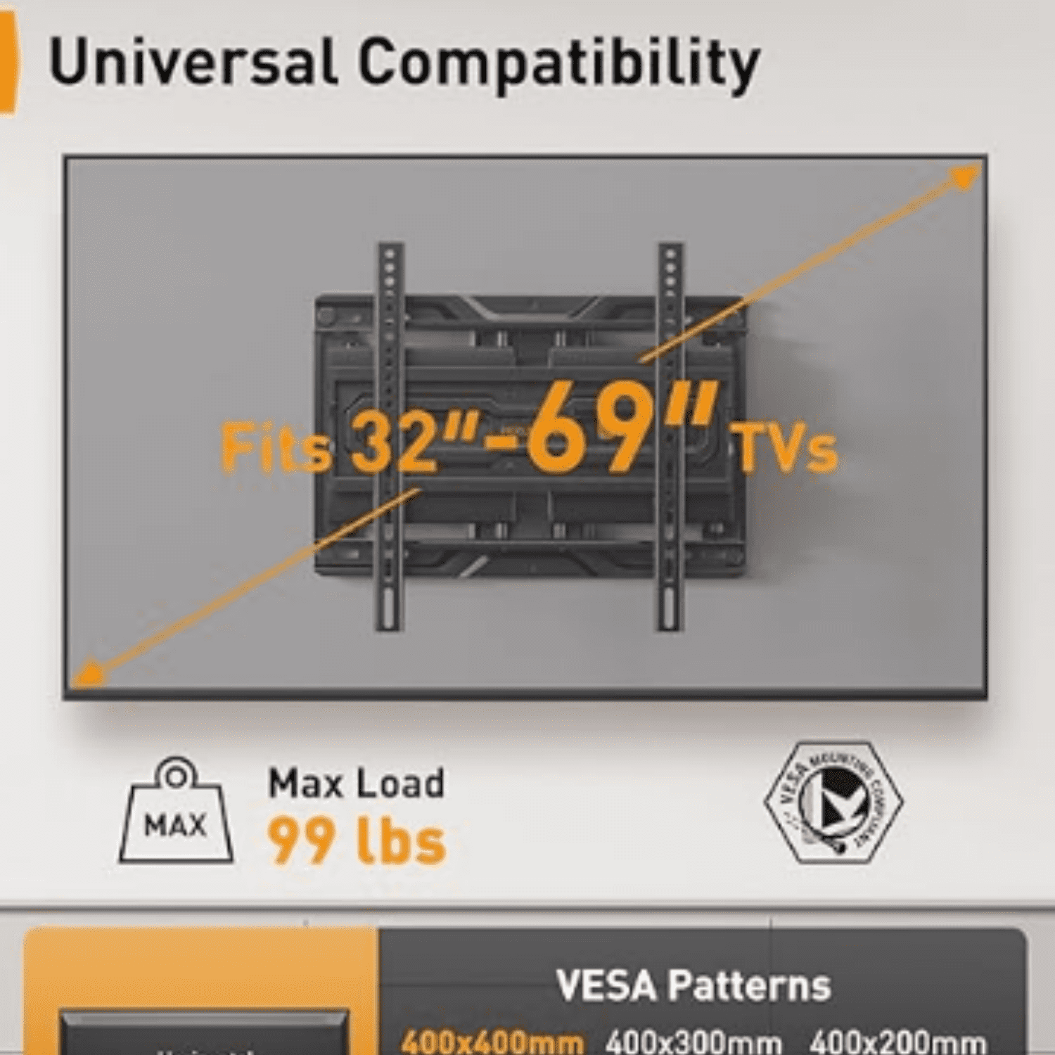 Full Motion TV Mount for 32-69 Inch TVs up to 99 lbs, Max VESA 400x400mm, Fits 16”/12” Wood Studs, Height Adjustable Pre-Assembled TV Wall Mount, Tool-Free Tilt, Swivel & Extension