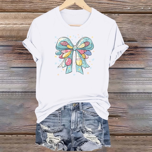 TaTaai Women's Easter Printed T Shirt Casual Short Sleeve Round Neck Soft Blouse Loose Fit Fashion Tops Graphic Tee for Spring Holiday Party Daily Wear Gift
