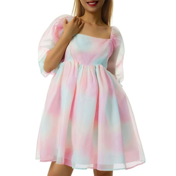 KOMOO Women Puff Sleeve Tulle Dress Fairy Ruffle Flowy Mesh Princess Dress Flowy Bubble Skirt Mini Dress