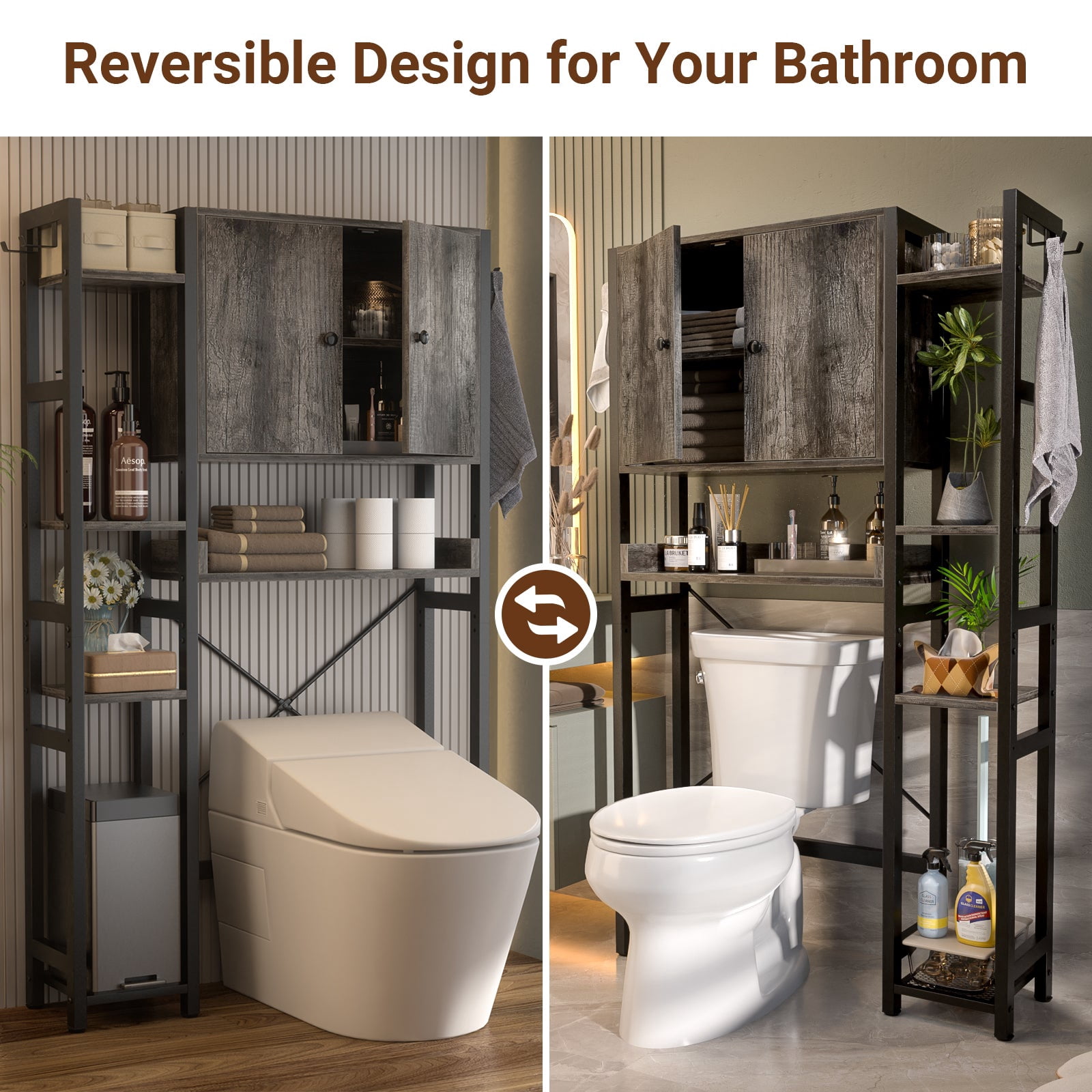 Over The Toilet Storage Cabinet with Doors, Homieasy 7 Tier Bathroom Organizer with Adjustable Shelf and 4 Hooks, Space Saving Rack for Bathroom, Restroom, Laundry