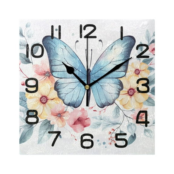 Butterfly on Flowers Wall Clock Square Silent Non-Ticking Battery Operated Retro 7.78" Clock Home Kitchen Office Decoration