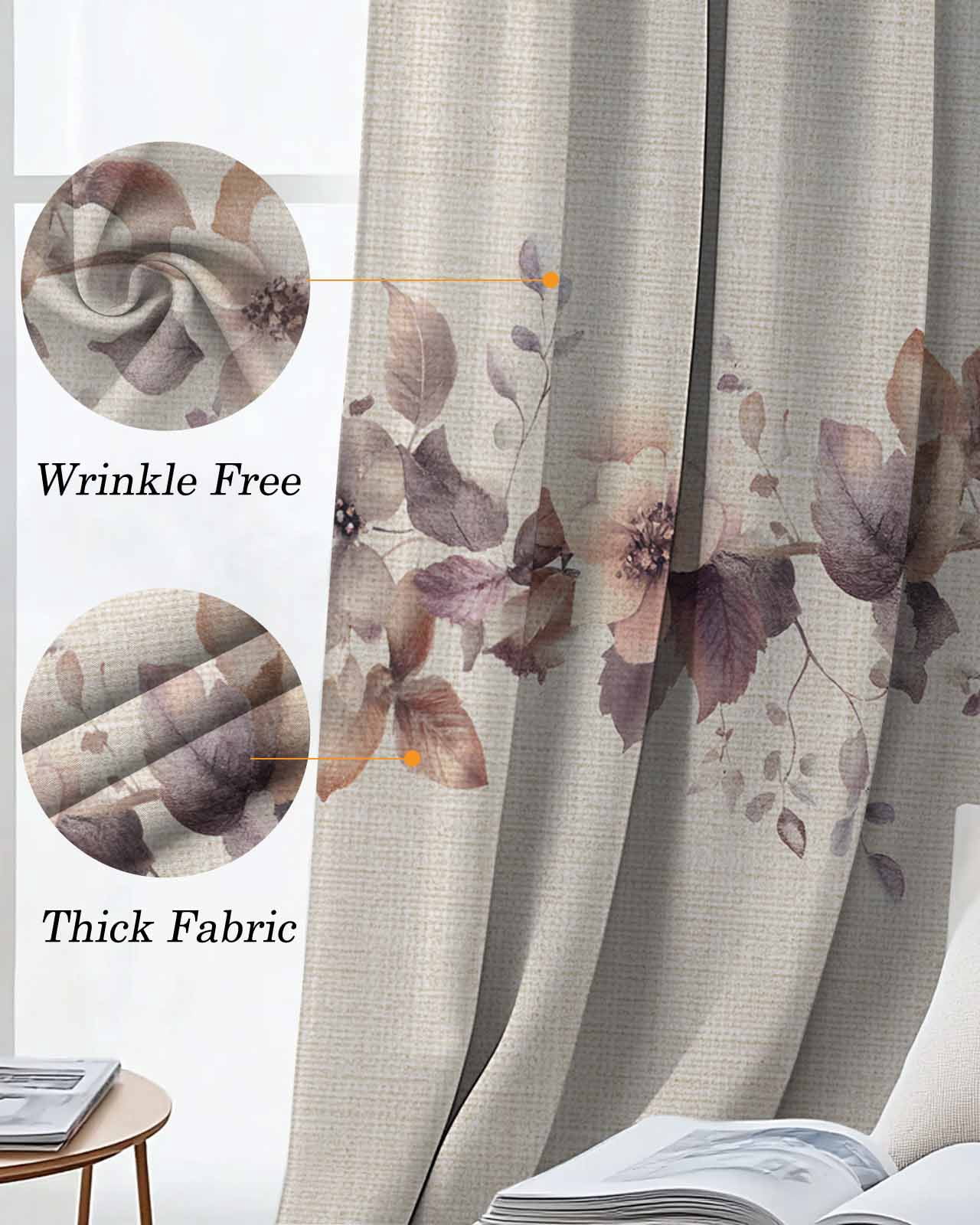 Spring Flower Blackout Curtains for Bedroom Living Room, Retro Brown Flower Watercolor Plant Linen Texture 72 In Long Thermal Insulated Room Darkening Drapes Grommet Window Treatments, 52 x 72 In