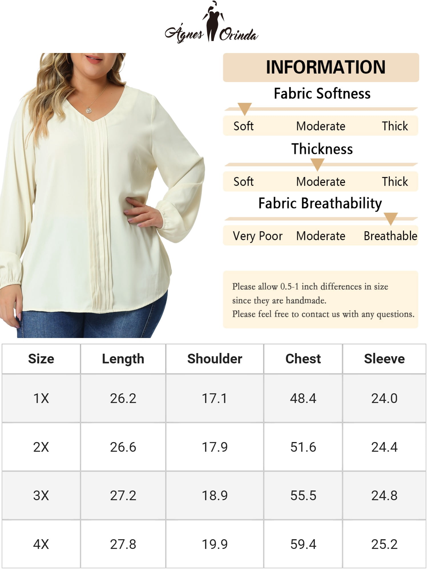 Unique Bargains Women's Plus Size Long Sleeve V Neck Chiffon Pleated Front Tops 4X Apricot