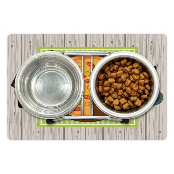 Italy Pet Mat for Food and Water, Cartoon Style Illustration of Pizza on Wooden Table with Utensils, Non-Slip Rubber Mat for Dogs and Cats, 18" X 12", by Ambesonne