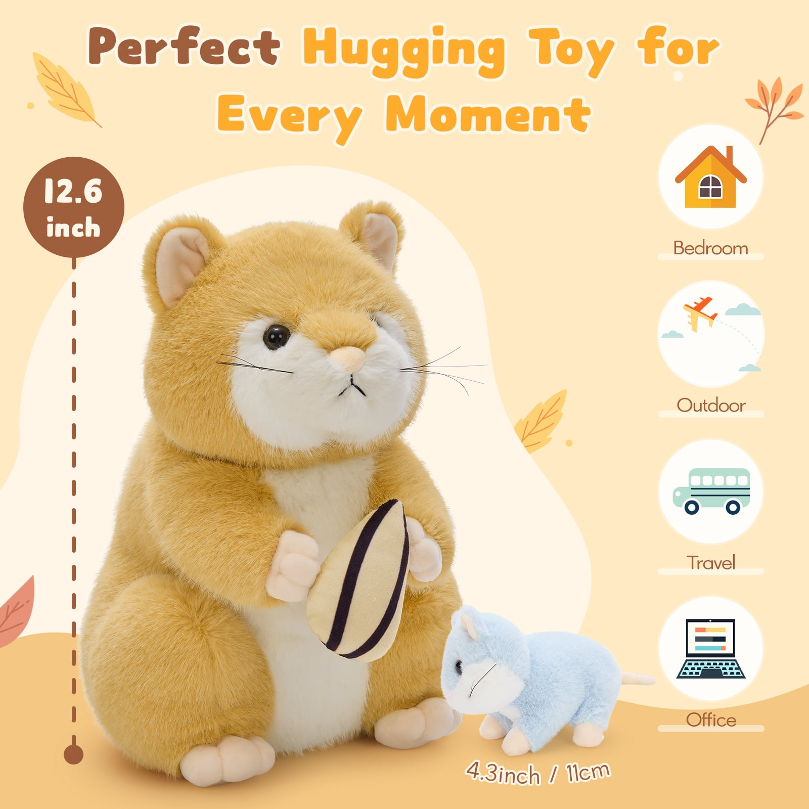 MorisMos Cute Hamster Plush Toy Set with 4 Baby Plush Toys, Soft Hamster Stuffed Animal with Sunflower Seed