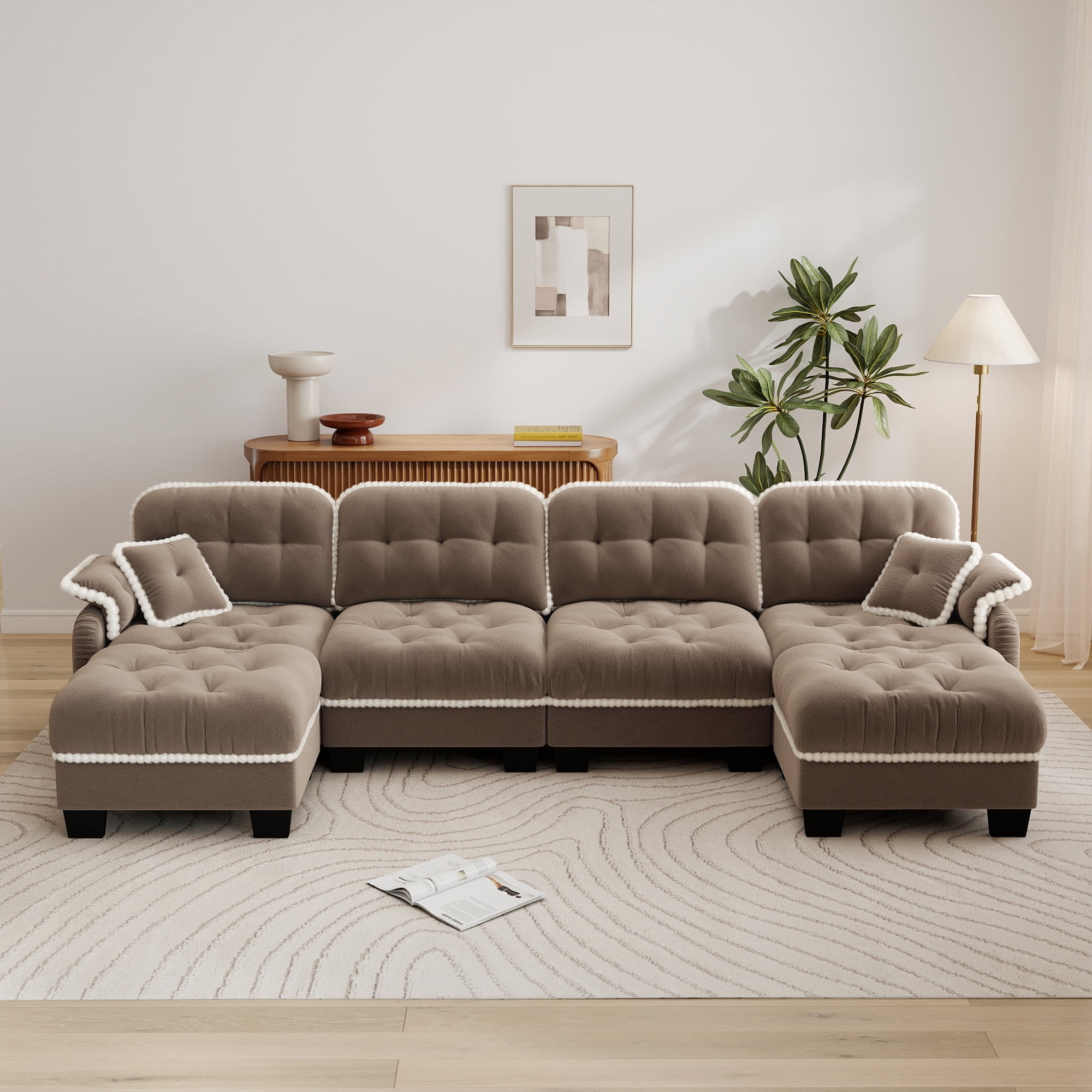Aenkyo 131.5" Chenille Modular 4-Seater Sectional Sofa with 2 Movable Ottomans, Camel