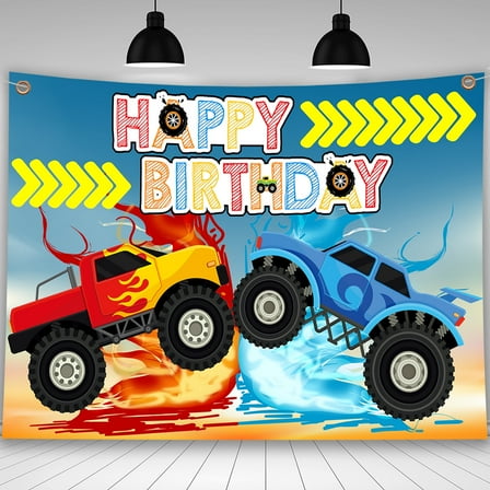 Monster Truck Birthday Backdrop, 5x3 Feet