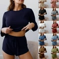 thumbnail image 4 of Women's 2 Piece Long Sleeve Pajamas Sets Crewneck Cozy Tops with Drawstring Shorts Sleepwear Loungewear Solid Pjs Green,M, 4 of 4