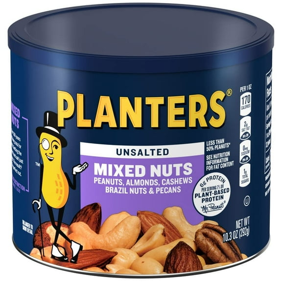 Planters Unsalted Mixed Nuts Less Than 50% Peanuts with Peanuts, Almonds, Cashews, Hazelnuts & Pecans, 10.3 oz Canister