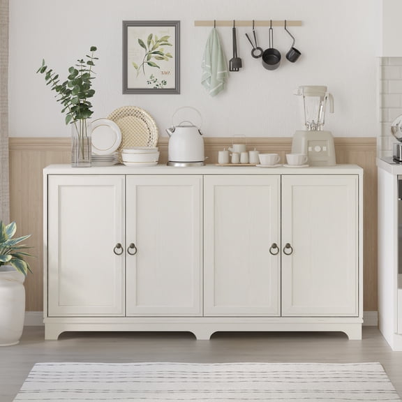 Swedhaus 59" White Farmhouse Sideboard Buffet Cabinet with 4 Doors & Adjustable Shelves, Large Wood Storage Cabinet for Dining Room, Kitchen, Living Room, White Wood Grain