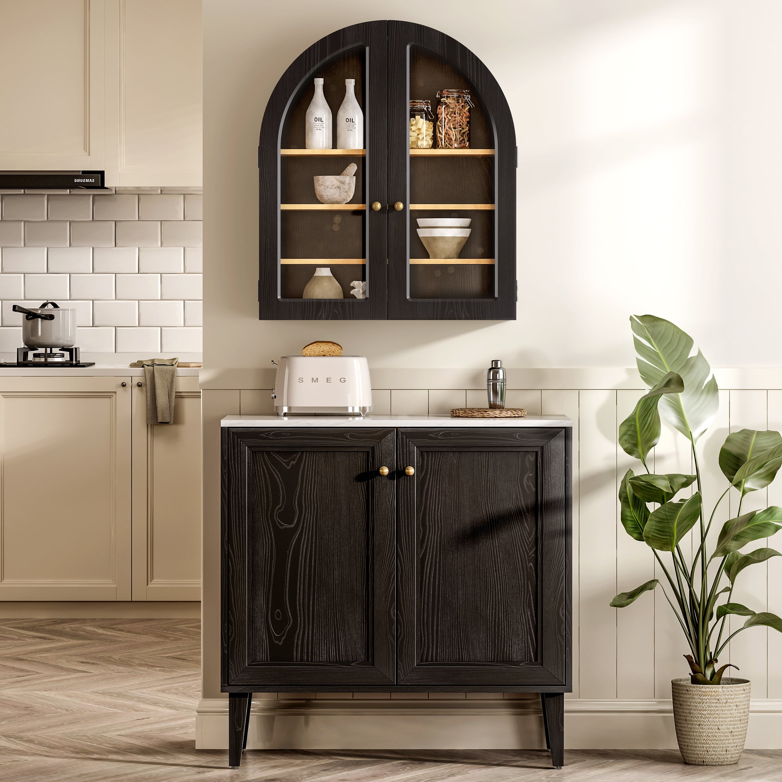 EYYTHUNG Modern Arched Wall Cabinet, Large Medicine Cupboard Black Cabinet for Bathroom with Adjustable Shelf, Black Oak