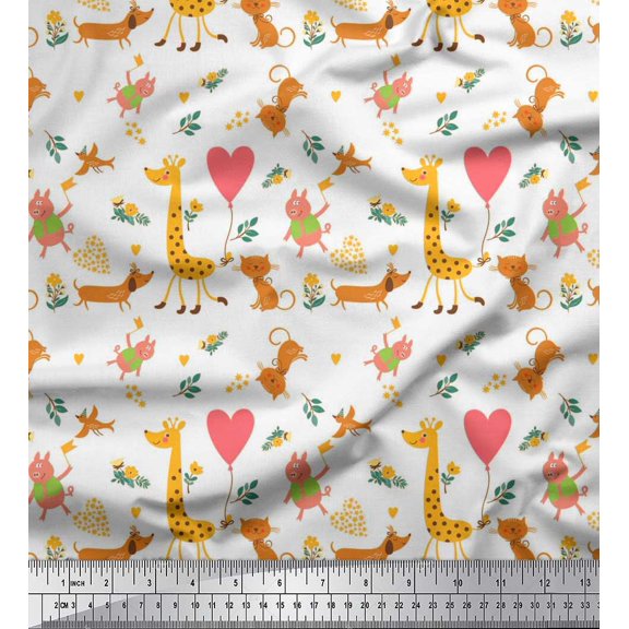 Soimoi Velvet Fabric Balloon,Floral & Cute Animals Cartoon Printed Fabric 1 Yard 58 Inch Wide