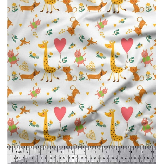 Soimoi Moss Georgette Fabric Balloon,Floral & Cute Animals Cartoon Printed Fabric 1 Yard 42 Inch Wide