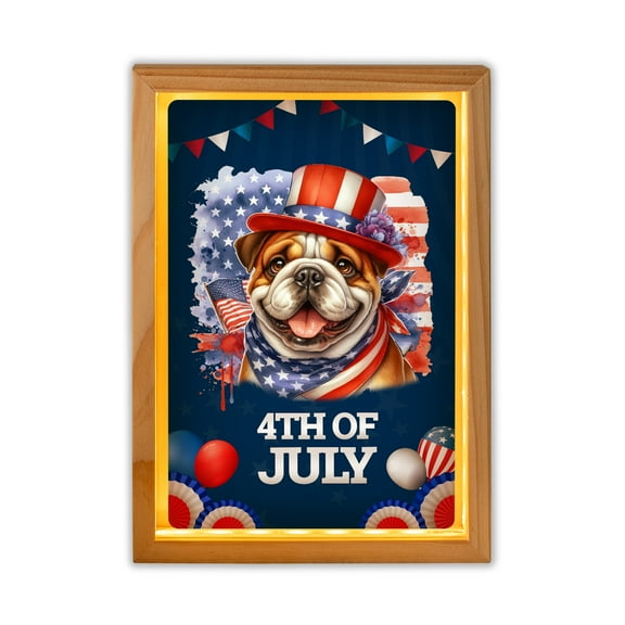 Patriotic Bulldog Celebrates 4th of July Acrylic Plaque with Wood Photo Frame Box Dog Lover Gifts Idea Light Box - 02009