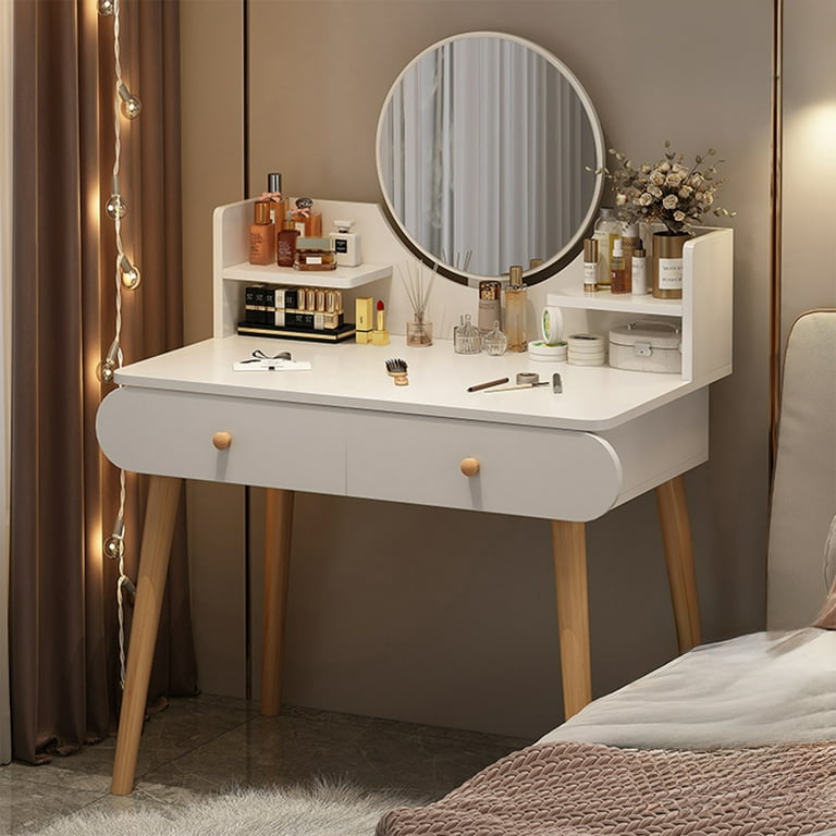 Hurber Classic White Vanity Table Set with Mirror Modern Makeup Vanity Dressing Desk with 2 Drawers 2 Shelves Walmart