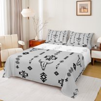 Manfei Grey Western Aztec Queen Sheet Sets, Tribal Bohemian Flat Sheet, Hippie Triangle Geometric Queen Fitted Sheet, Lightweight Room Decor, 4pcs