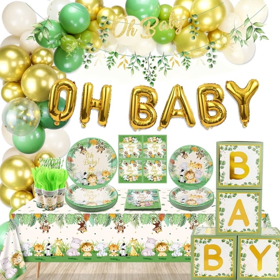 Safari Baby Shower Party Decorations, Welcome Baby Banner, Jungle Animal Plates, Napkins, Cups, Balloons Arch, Safari Tablecloth, Sage Green Baby Boxes, Woodland Safari Gender Reveal Party Decor