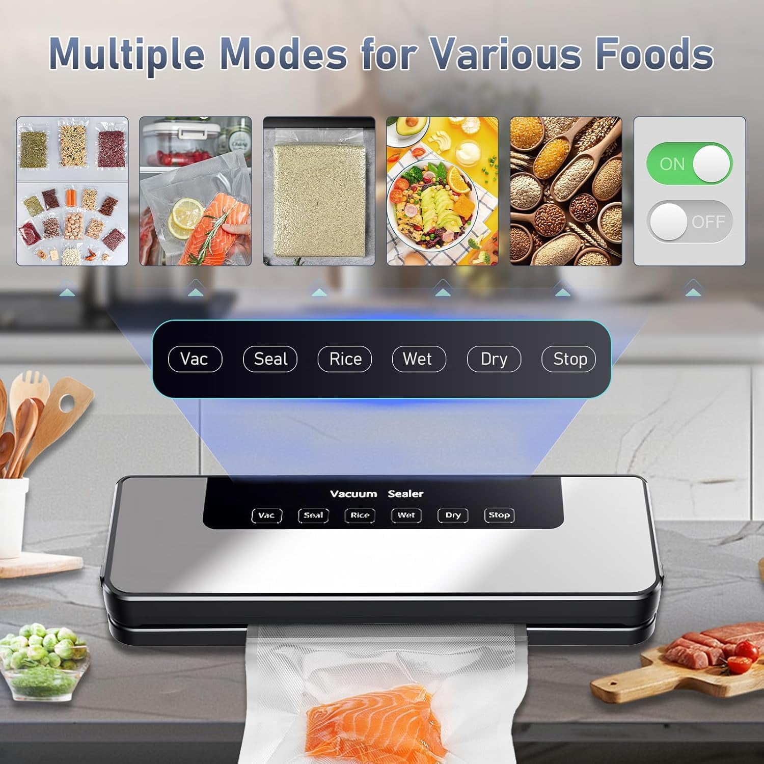 Automatic Vacuum Sealer Machine for Food Storage, 65KPa Strong Suction with 5 Modes, Includes Bags for Freshness Preservation, Compact Design for Home Kitchen Use