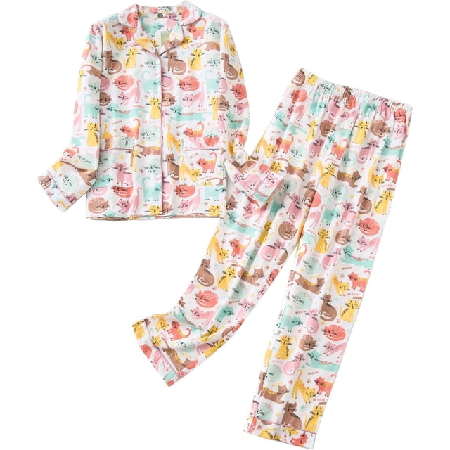 Conjunto de pijama de franela de algodón de manga larga con botones y pantalones de dormir cálidos S-XL