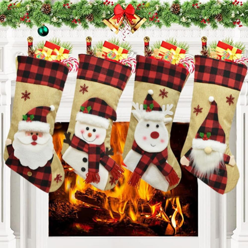 Christmas Stockings, 4 Pack 18" Xmas Stockings, Burlap Plaid Style