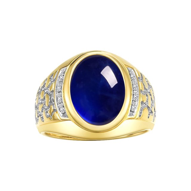 RYLOS Men's Rings Yellow Gold Plated Silver Nugget Ring with Cabochon Gemstone & Diamonds Sapphire Rings For Men Size 11