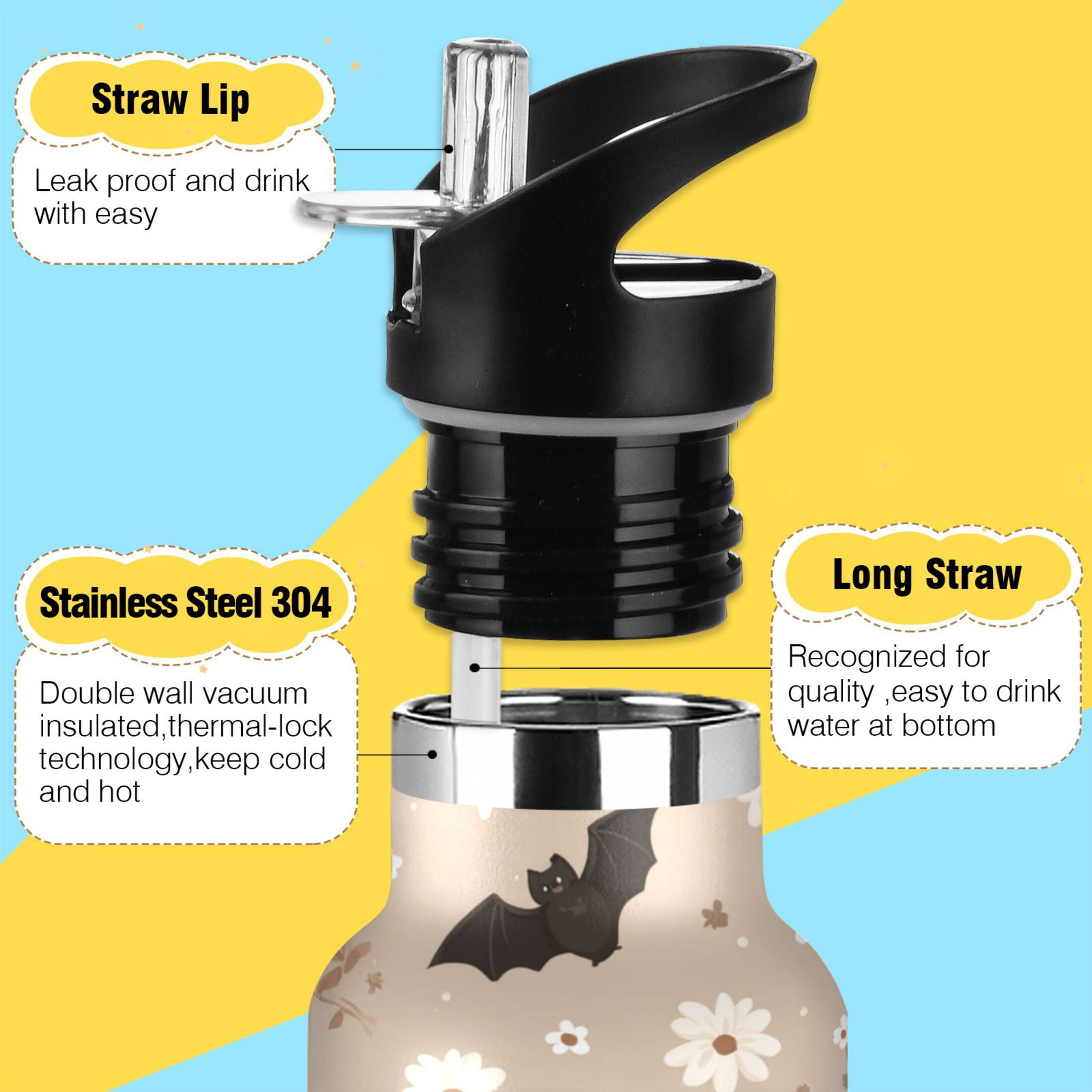 600ML Stainless Steel Insulated Cup Sports Water Bottle Portable Thermos Cup Water Glasses Insulated Tumblers Convenient and Durable Bats and White Flowers