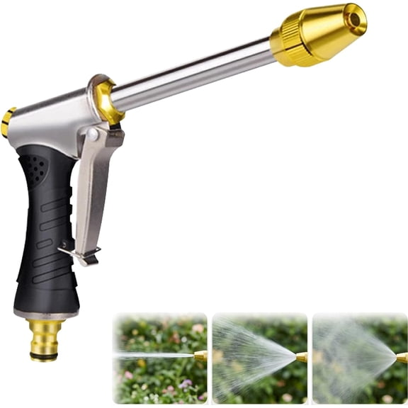 Professional High Pressure Water Gun for Garden Hose, Heavy Duty Metal Nozzle with Adjustable Brass Tip for Car Wash Patio Cleaning and Watering (1 Piece, Silver)