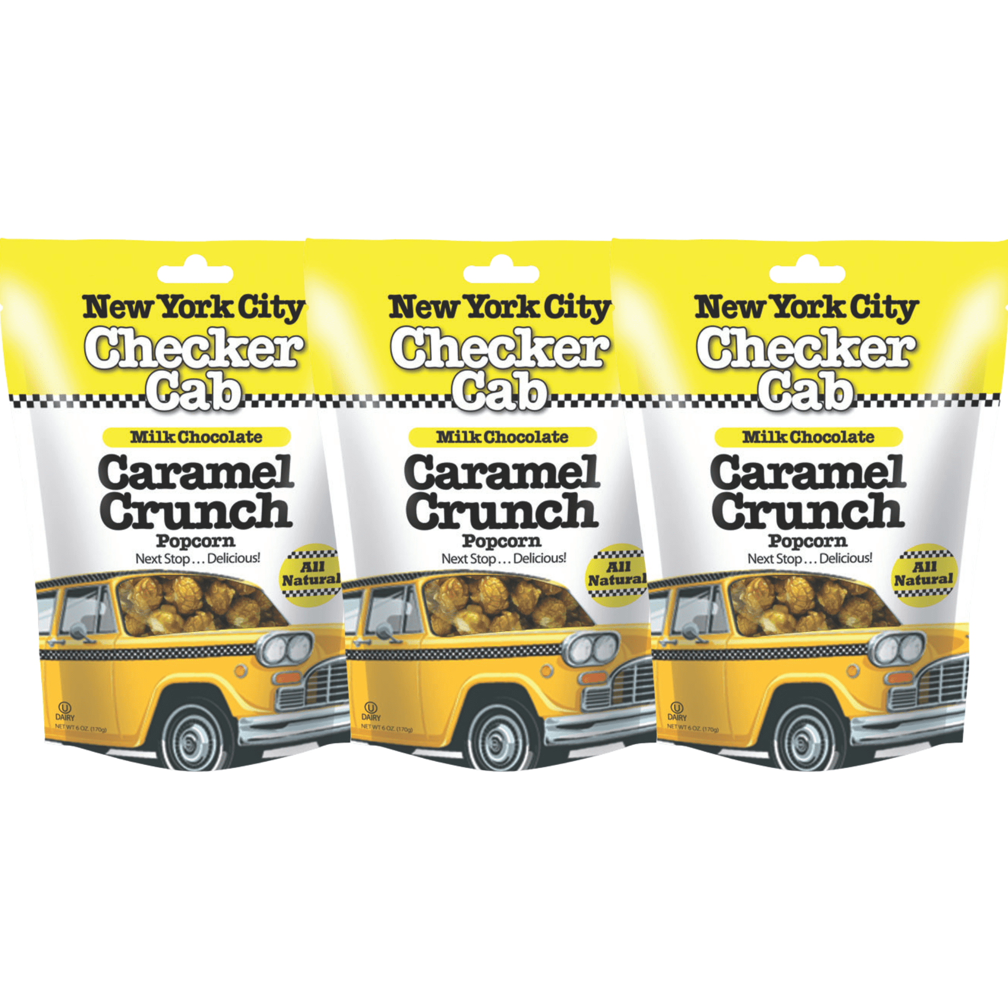 Sugar Plum Chocolates NYC Checker Cab Popcorn Gourmet Milk Chocolate Caramel Crunch 3 Bags 18 oz Total