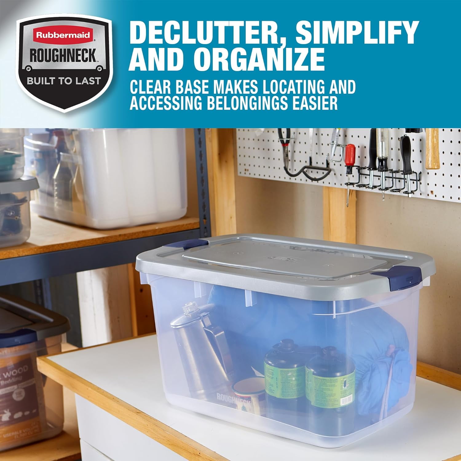 Rubbermaid Roughneck 66 Qt. Clear Plastic Storage Bins with Gray
