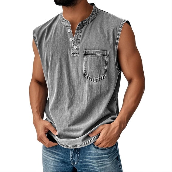 USNSM Sleeveless Shirts for Men Distressed Washed Tank Tops Henley Button Down V Neck Shirt with Pocket Vintage Solid Tee Top Gray XXL