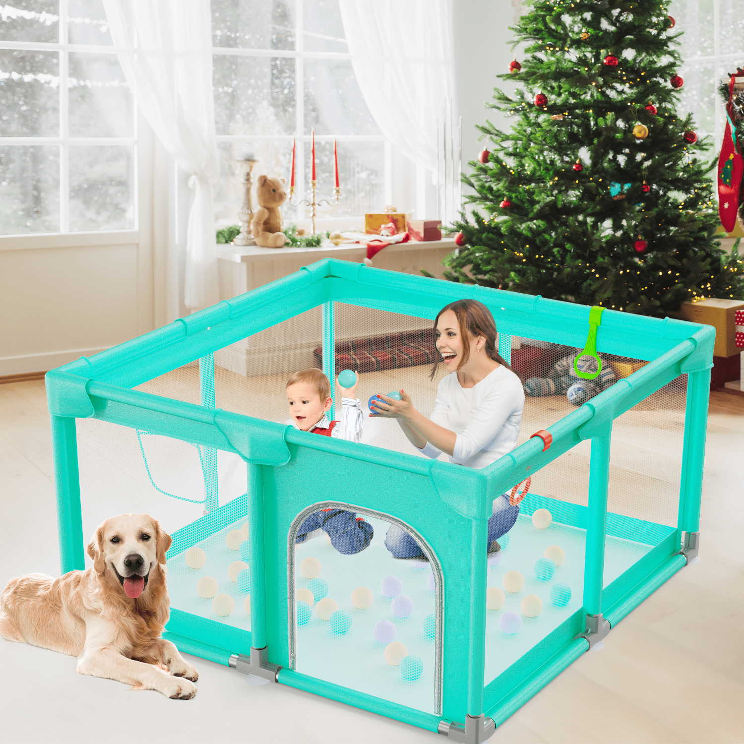 JoyStone Baby Playpen, 50 x 50 in, Non-Slip Base, Soft Mesh Sides, 2 Pull-up Rings, Carry Bag, Green