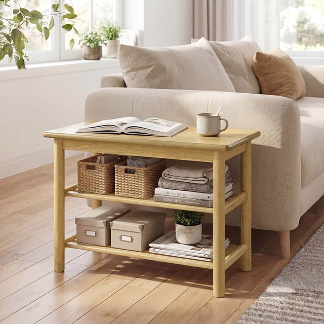 Costway Shoe Rack Bench,3-Tier Rubberwood Freestanding Shoe Changing Bench with Slat Shelve