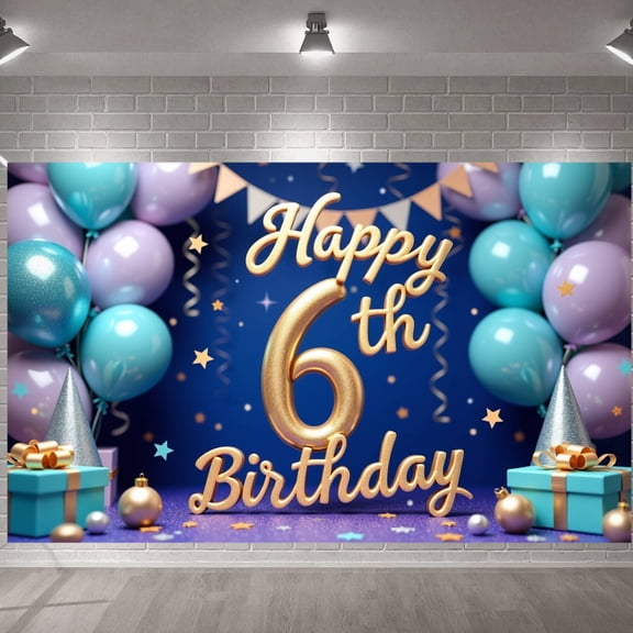 Glittery Gold Happy 6th Birthday Banner Navy Blue 6th Birthday Backdrop Sparkling Stars Colorful Balloons Birthday Celebration Background for Kids Birthday Party Home Celebration Birthday Photo Shoot