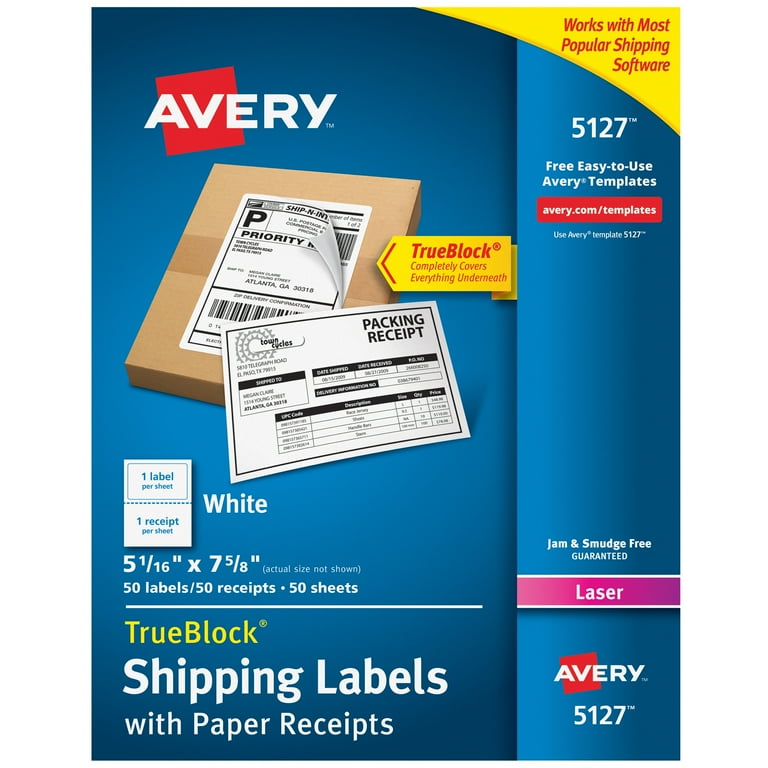 Avery® Shipping Labels w/ Paper Receipts, TrueBlock® Technology, Permanent  Adhesive, 5-1/16 x 7-5/8, 50 Labels (5127)