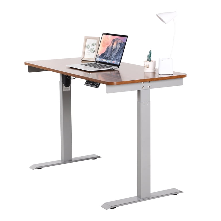 Mesa elétrica branca com computador, controle de altura e estrutura metálica