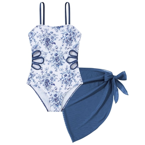 Aideaone Girls Swimsuit Quick Dry Cut Out One Piece Bathing Suit Adjustable Straps Swimwear with Cover Up Skirt Size 7-14