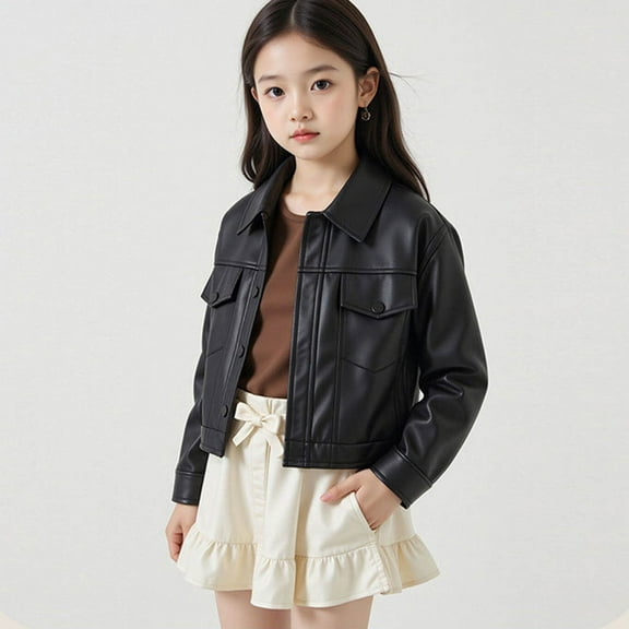 Cethrio Girls Leather Jackets Size 10-12, Zipper Waterproof PU Long Sleeve Fashion Jackets Black Size 10-12