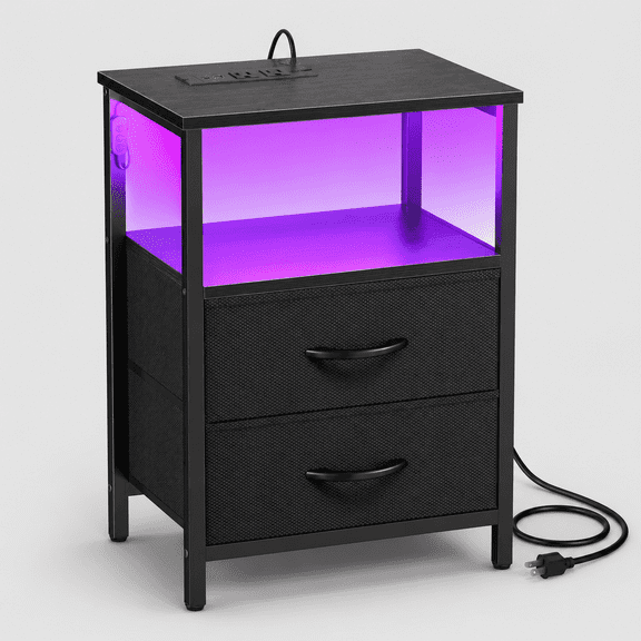 Night Stand with Charger Station and LED Lights, 2 Drawer Nightstand | Bed Side Table with Open Shelf End Table Fabric Drawers for Bedroom, Black
