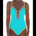 thumbnail image 2 of Traje de Baño de una Pieza para Mujer, con Control de Abdomen, Escote en V Profundo, Neón, Traje de Baño con Lazo en la Espalda, Verano 2025. Azul L, 2 of 6