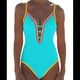 thumbnail image 2 of Traje de Baño de una Pieza para Mujer, con Control de Abdomen, Escote en V Profundo, Neón, Traje de Baño con Lazo en la Espalda, Verano 2025. Azul S, 2 of 6