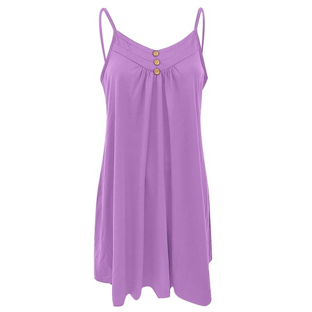 Leutsin Ladies V-neck Mid-Waist Loose Button Solid Color Sleeveless Suspender Dress