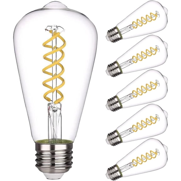 ST19(ST58) YANTON Edison Bulb, VintaYANTON,6 Pack,Natural White 4000K, Antique Flexible Spiral YANTON Filament Light Bulb, Dimmable, 600LM, 6W Equivalent to 60W, E26 Base,Clear Glass