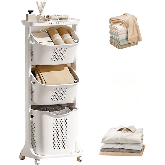 3-Tier Rolling Laundry Cart Storage Organizer with 75L Capacity and Wheels 43.3x12.99x17.32 Inch for Bathroom Bedroom Dorm