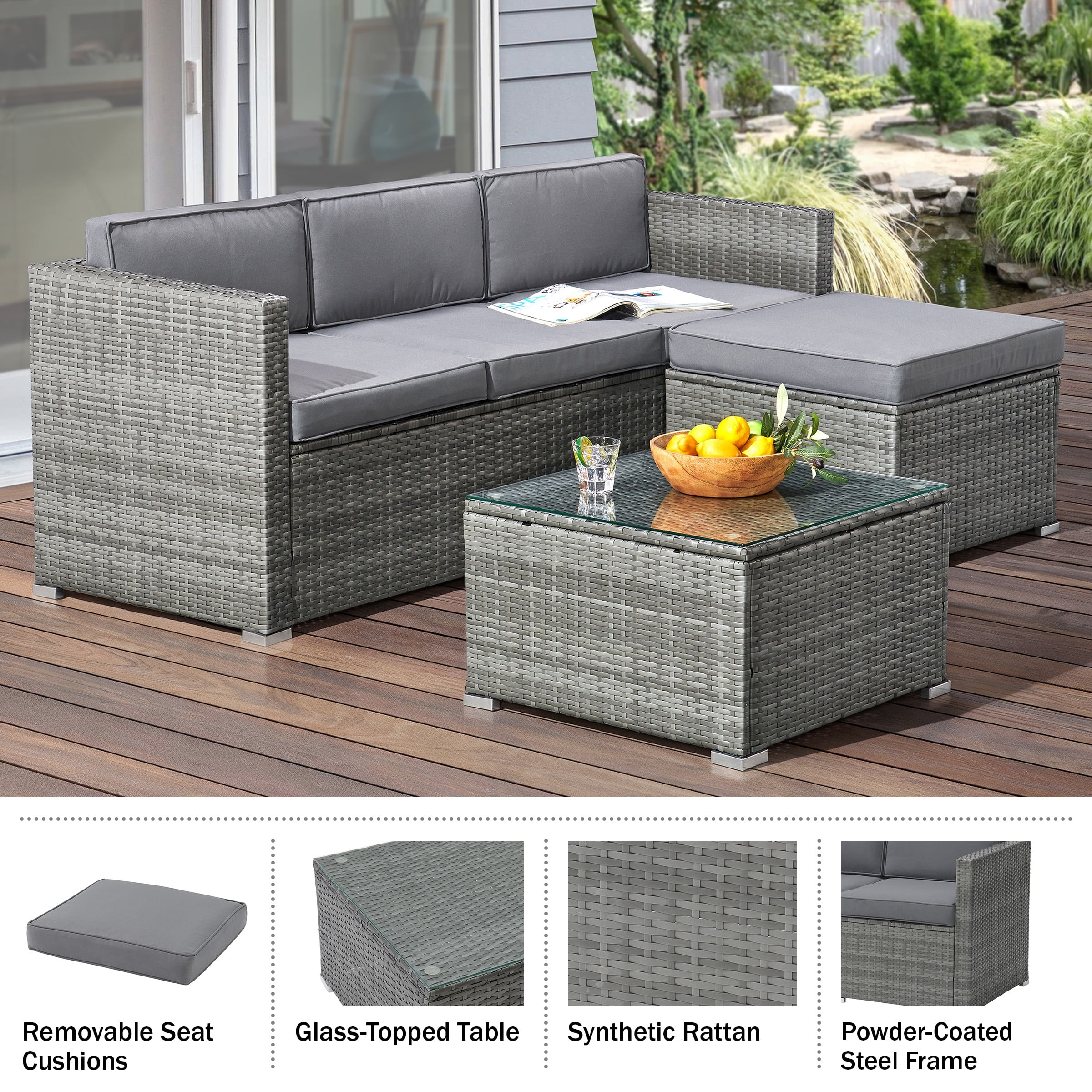 Lavish Home 3-Piece Cushioned Rattan Sectional Sofa Outdoor Patio Furniture Set, Gray